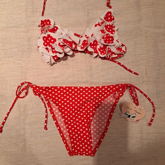 Power Flower Girls Red & White Poka Dotted String Bikini - Picture 1 of 9